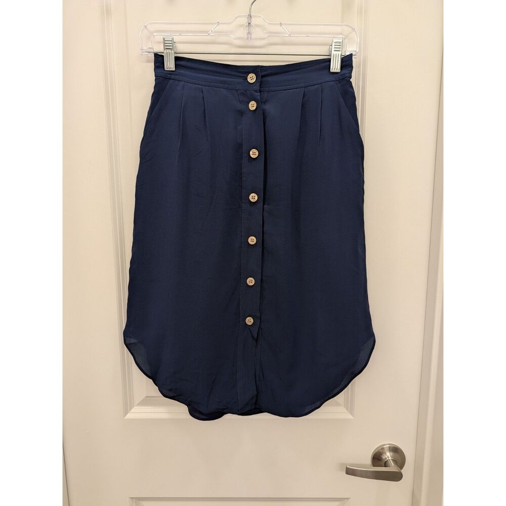 Madewell Silk Button-Front Tulip Hem Midi Skirt Navy Blue Women's Size XS